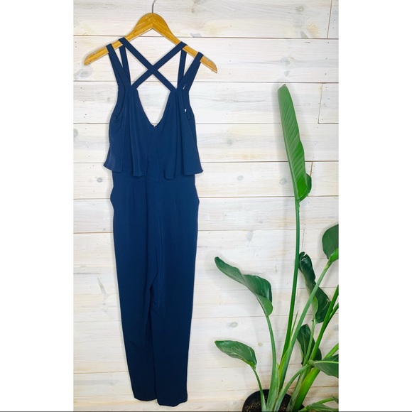Navy Blue Pant Jumpsuit with Sleeveless Criss Cross Neckline - Picture 1 of 13